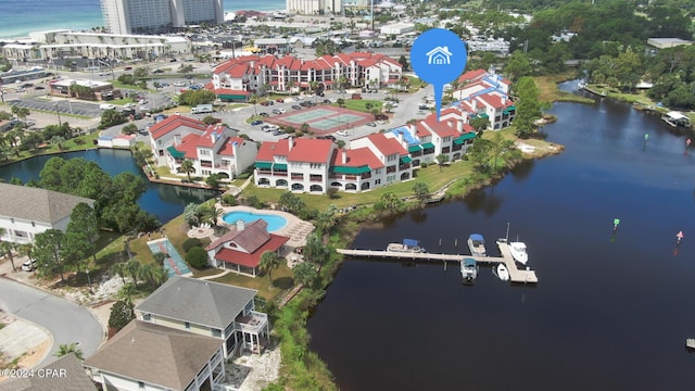 drone / aerial view with a water view