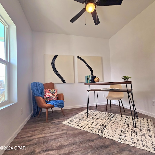 home office featuring hardwood / wood-style flooring, plenty of natural light, and ceiling fan