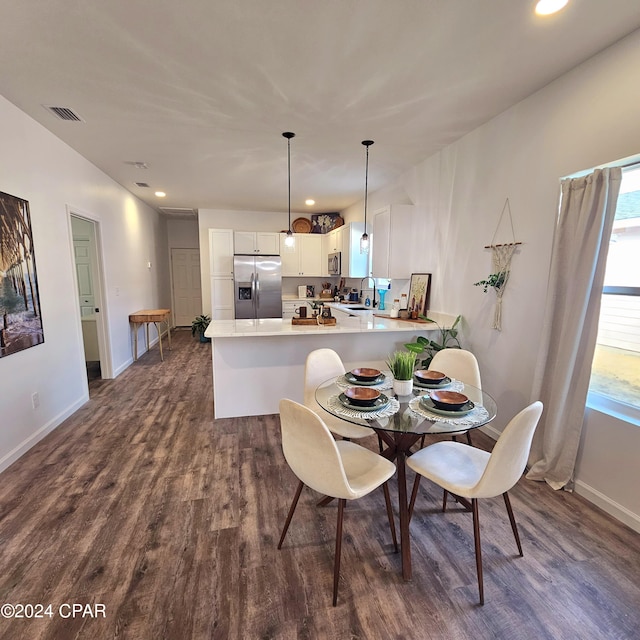 dining space with dark wood-type flooring and sink