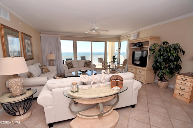 8601 Surf Unit 10W, Panama City, FL 32408 - living area with ceiling fan, ornamental molding, light tile patterned flooring, and visible vents