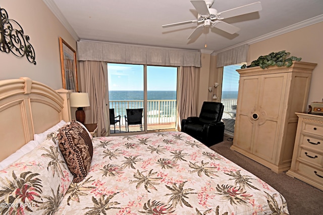 bedroom with carpet, access to outside, ornamental molding, and a water view