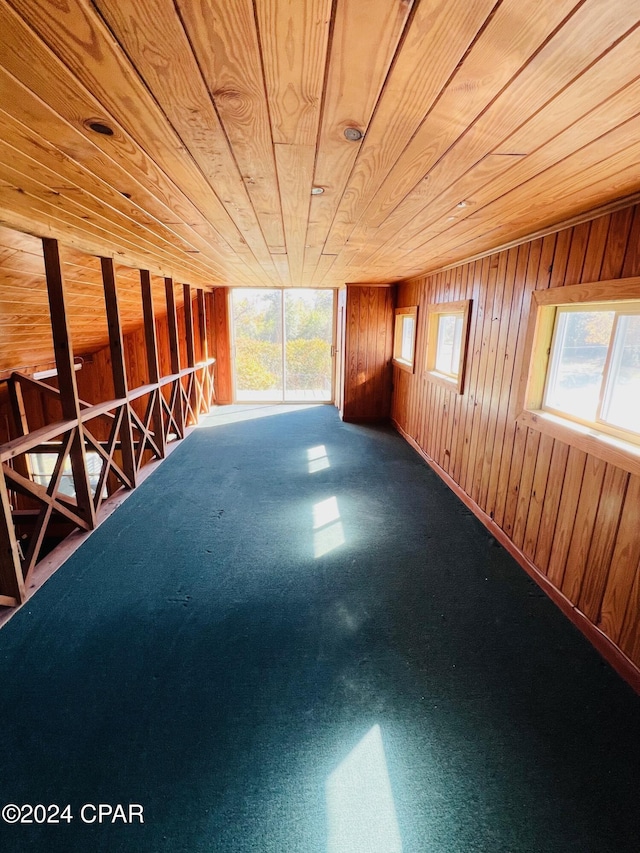 interior space with wooden ceiling and wooden walls