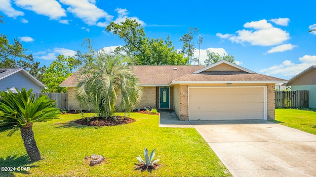 single story home featuring a garage and a front lawn