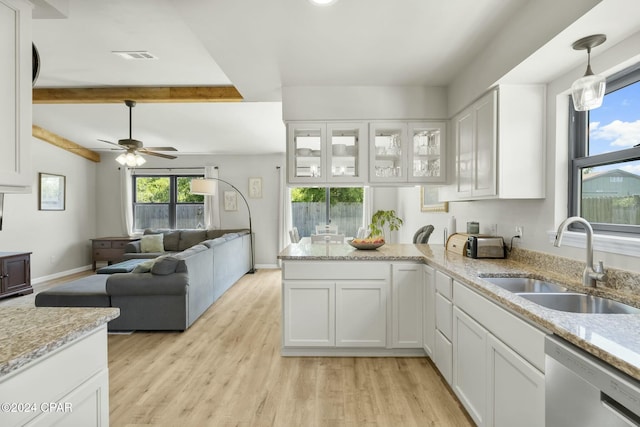 kitchen featuring dishwasher, white cabinetry, plenty of natural light, and sink