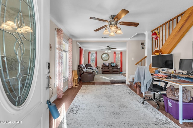 office with dark wood-type flooring, ceiling fan, and crown molding