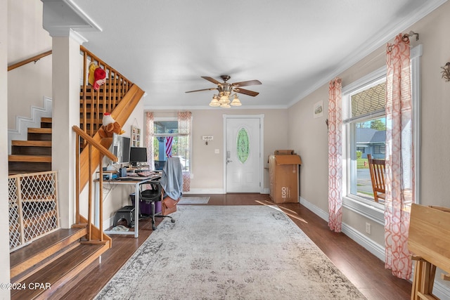 748 3rd St, Chipley, FL 32428 - foyer featuring stairway, a ceiling fan, crown molding, dark wood finished floors, and baseboards
