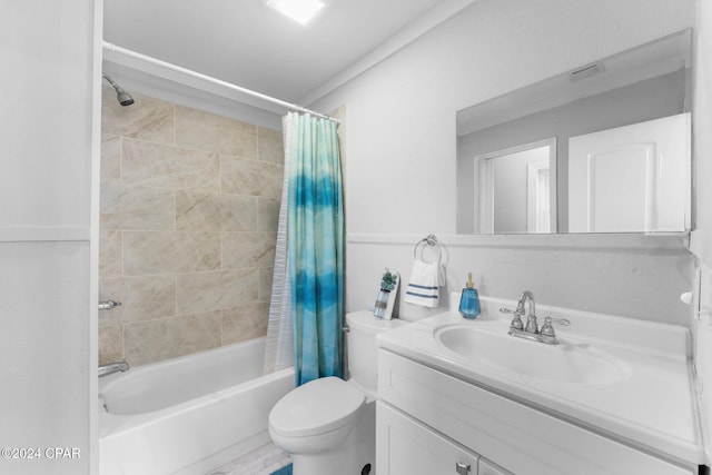 full bathroom featuring shower / tub combo, vanity, and toilet