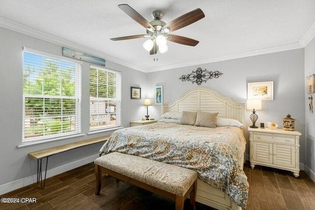 bedroom with ceiling fan, crown molding, and dark hardwood / wood-style floors