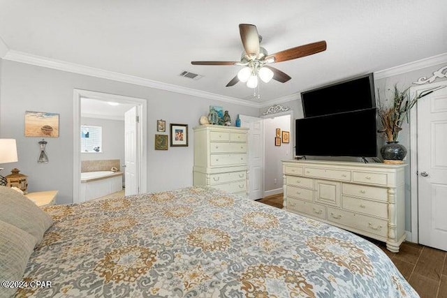 bedroom featuring ensuite bathroom, ceiling fan, and ornamental molding