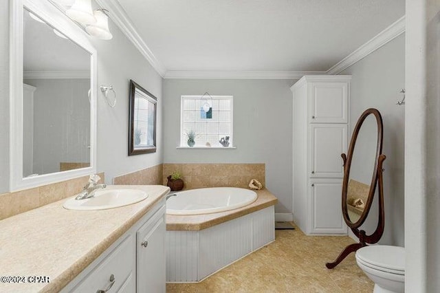 bathroom with toilet, a bath, vanity, and ornamental molding