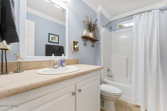 full bathroom featuring crown molding, tile patterned floors, shower / tub combo with curtain, toilet, and vanity