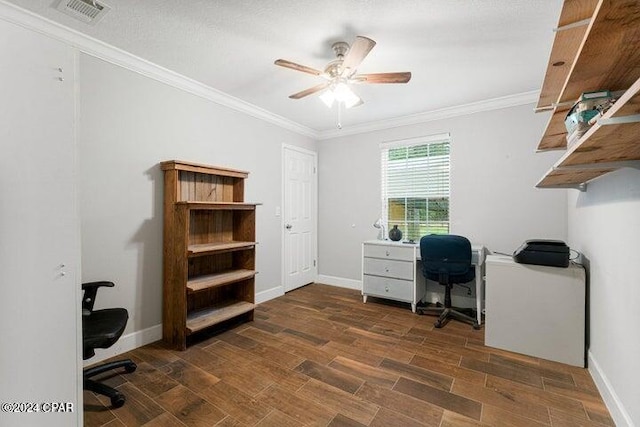 office area with ceiling fan and ornamental molding