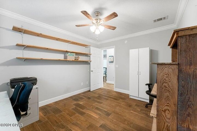 home office with ceiling fan, dark hardwood / wood-style flooring, and ornamental molding