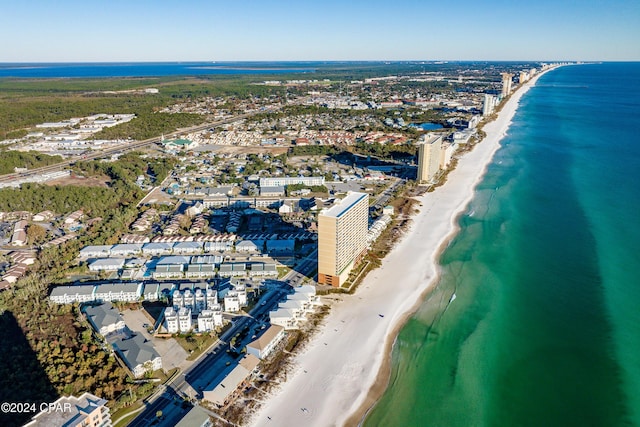 bird's eye view with a beach view and a water view