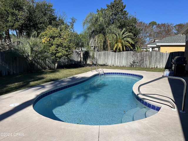 view of swimming pool featuring a patio area and a lawn