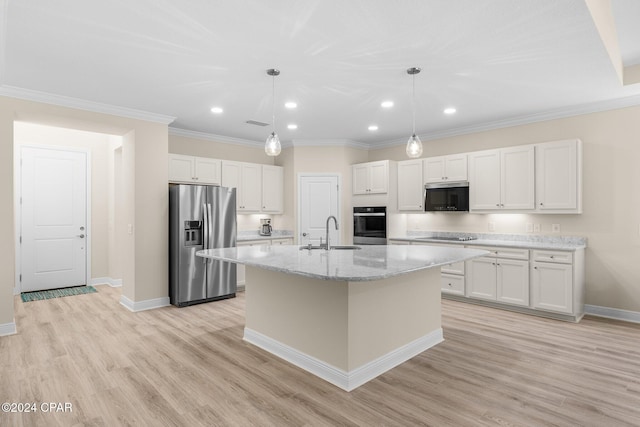 kitchen with a sink, white cabinets, ornamental molding, and stainless steel appliances