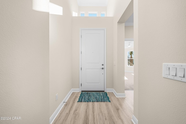 entryway featuring baseboards and wood finished floors