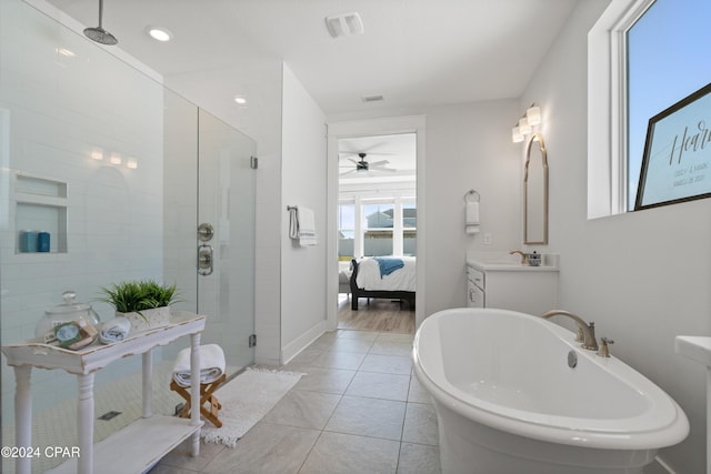 bathroom featuring ceiling fan, separate shower and tub, wood-type flooring, and vanity