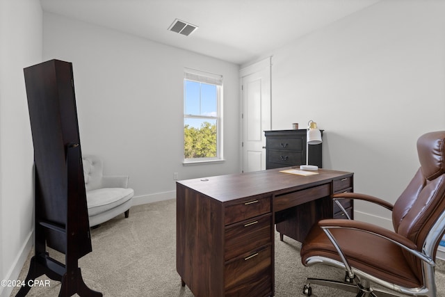 home office featuring light carpet