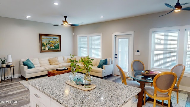 living room with ceiling fan and light hardwood / wood-style flooring