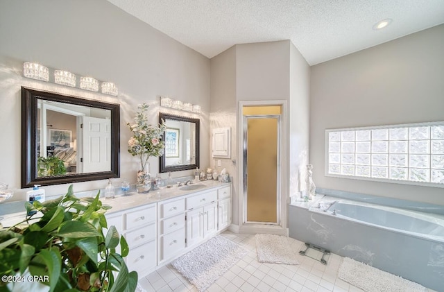 bathroom featuring a textured ceiling, vaulted ceiling, and a healthy amount of sunlight