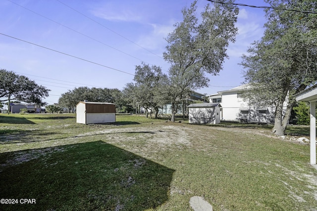 view of yard featuring a storage shed