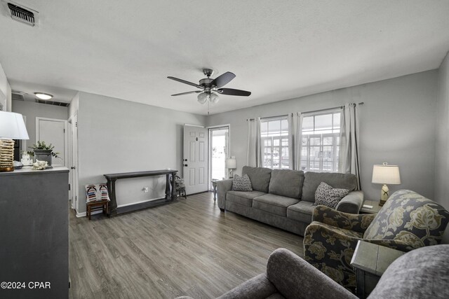 living room featuring ceiling fan and wood-type flooring