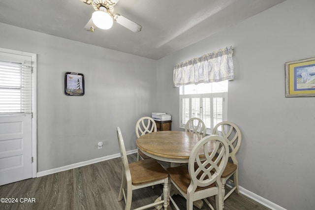 dining room featuring ceiling fan and dark wood-type flooring