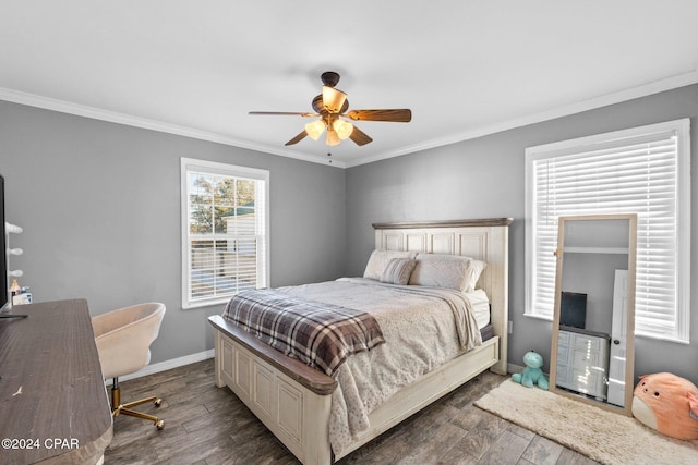 bedroom with ceiling fan, dark hardwood / wood-style floors, and crown molding