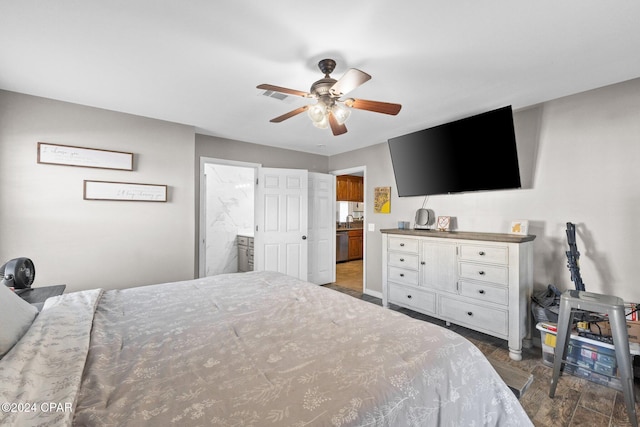 bedroom with connected bathroom, ceiling fan, dark hardwood / wood-style flooring, and sink