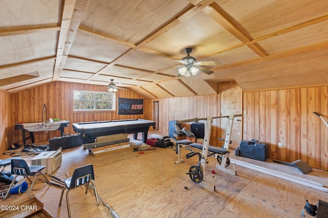 game room with ceiling fan and lofted ceiling