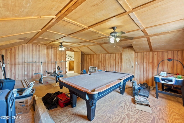 rec room featuring vaulted ceiling, ceiling fan, and billiards