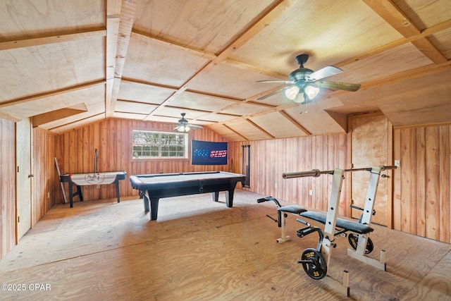 playroom with ceiling fan, pool table, and vaulted ceiling