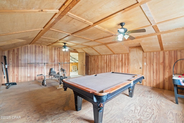 rec room featuring ceiling fan, lofted ceiling, and pool table