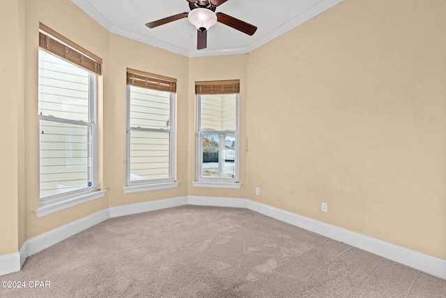 carpeted empty room with ceiling fan and ornamental molding