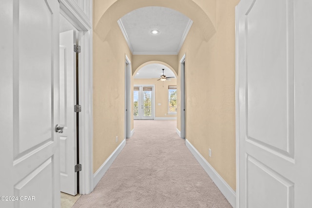 corridor with light carpet and ornamental molding