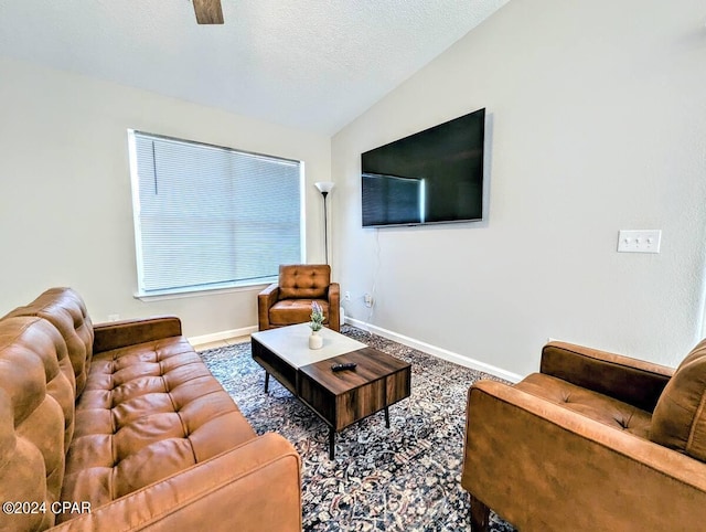 carpeted living room featuring a textured ceiling and vaulted ceiling