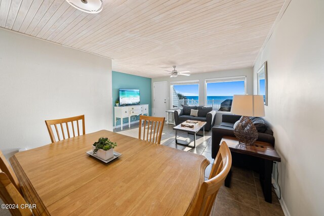 tiled dining room featuring ceiling fan and wooden ceiling