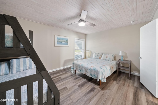 bedroom with ceiling fan, wood-type flooring, and wooden ceiling