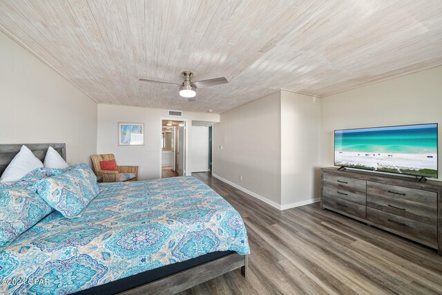 bedroom with wood ceiling, hardwood / wood-style flooring, and ceiling fan