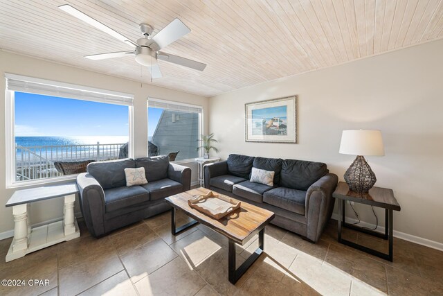 living room featuring wooden ceiling and ceiling fan