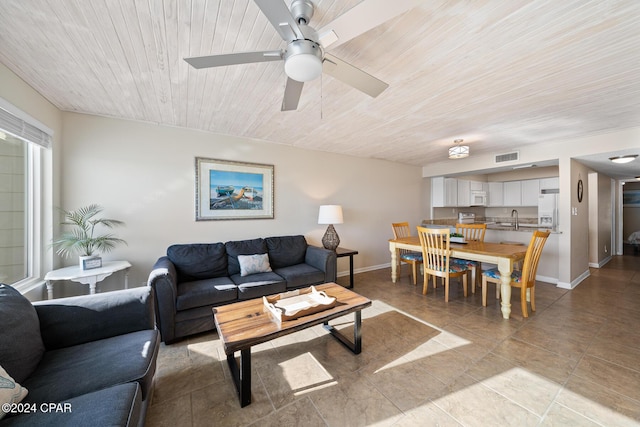 living room with ceiling fan, sink, and wooden ceiling