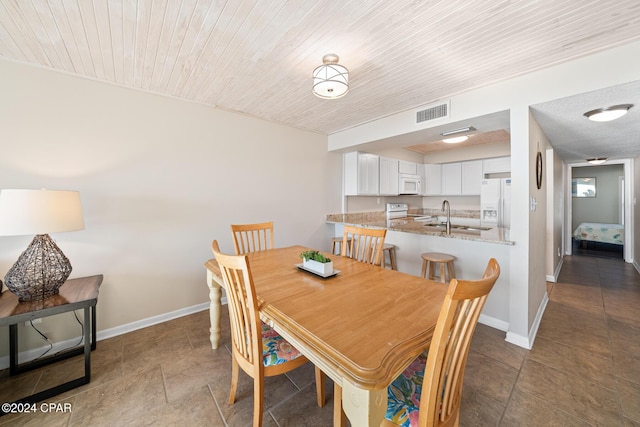 dining room featuring sink and wooden ceiling