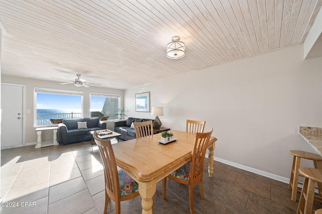 dining room featuring a water view and wooden ceiling