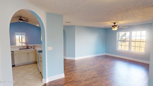 spare room featuring a textured ceiling, sink, light hardwood / wood-style floors, and lofted ceiling