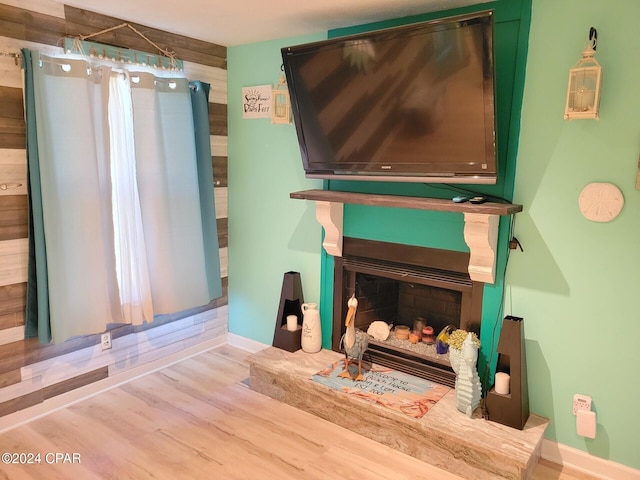 living room featuring wood walls and hardwood / wood-style floors