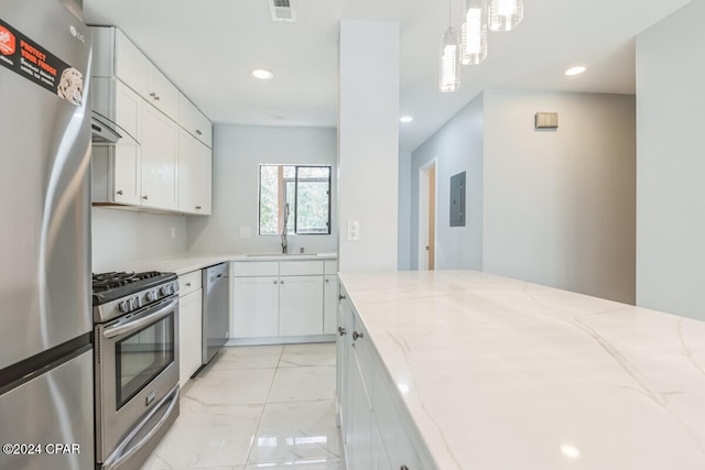 kitchen with pendant lighting, electric panel, white cabinets, sink, and appliances with stainless steel finishes