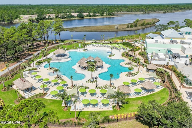 drone / aerial view featuring a water view