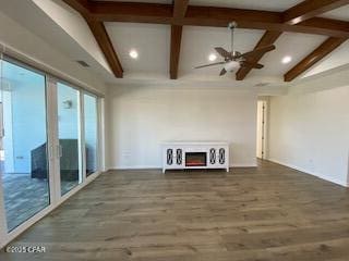 unfurnished living room featuring wood-type flooring and beamed ceiling