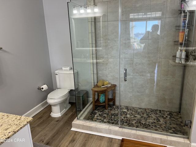 bathroom with toilet, hardwood / wood-style floors, vanity, and walk in shower